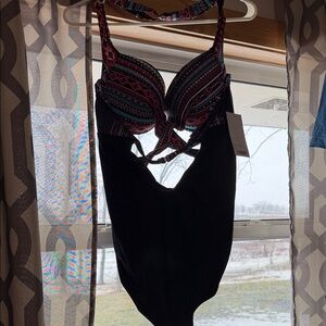 Women's Black and Patterned One-Piece Swimsuit